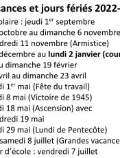 Calendrier des vacances et jours fériés 2022-2023