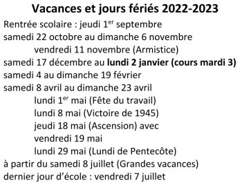 Calendrier des vacances et jours fériés 2022-2023